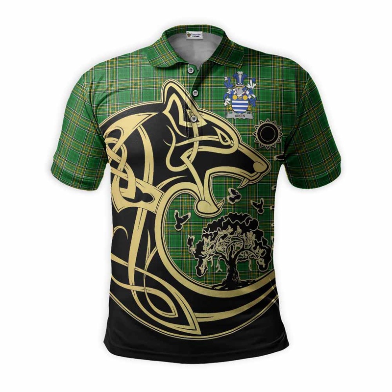 Aiken Irish Tartan Polo Shirt with Coat of Arms Celtic Wolf Style