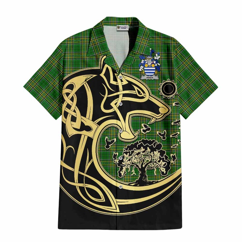 Aiken Irish Tartan Short Sleeve Button Shirt with Coat of Arms Celtic Wolf Style