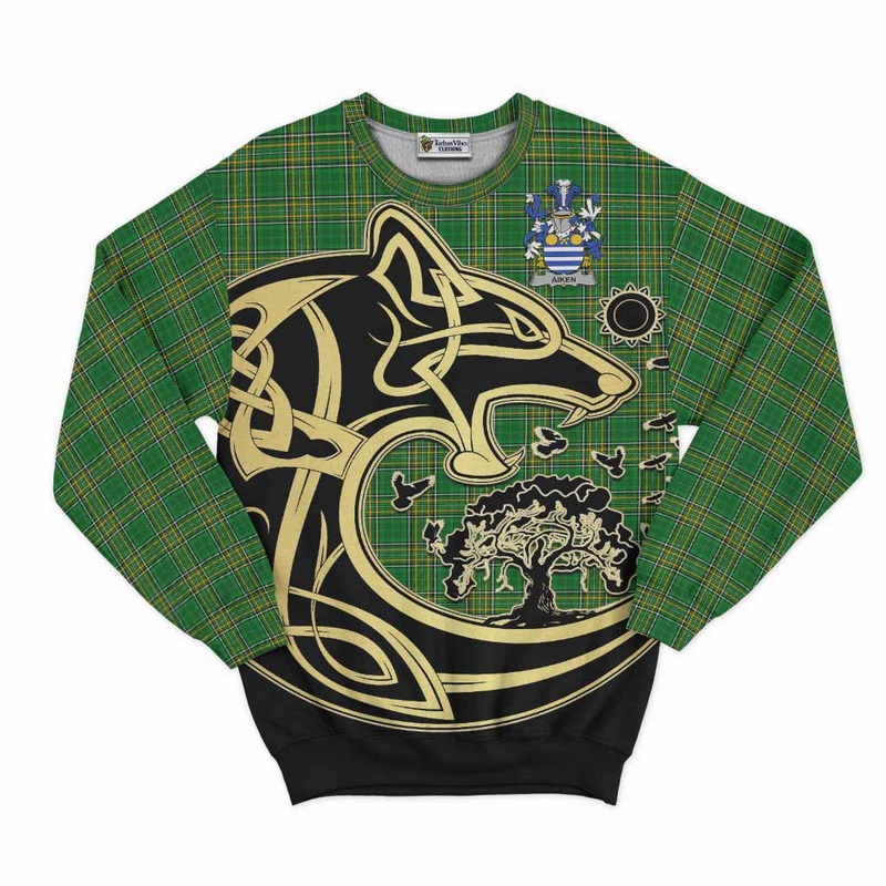 Aiken Irish Tartan Sweatshirt with Coat of Arms Celtic Wolf Style