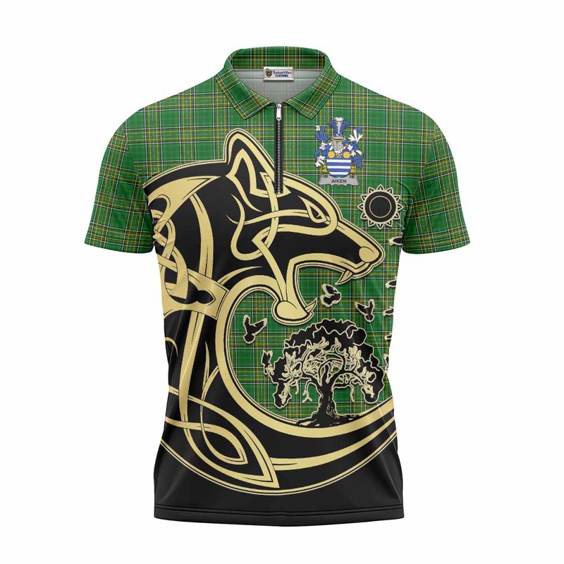 Aiken Irish Tartan Zipper Polo Shirt with Coat of Arms Celtic Wolf Style
