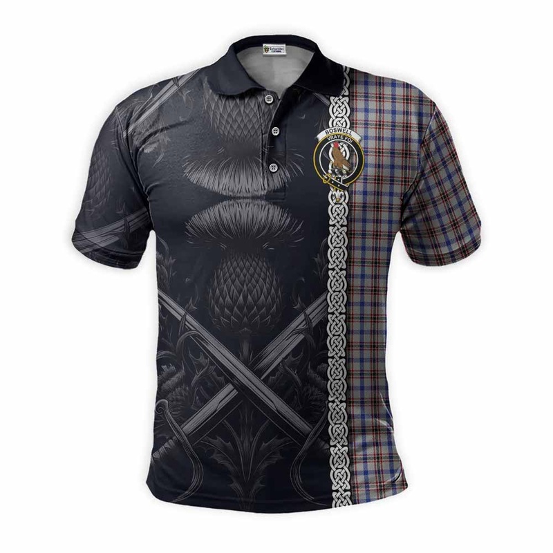 Boswell Tartan Polo Shirt with Family Crest Cross Sword Thistle Celtic Vibes