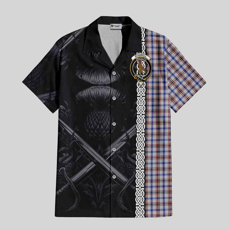 Boswell Tartan Short Sleeve Button Shirt with Family Crest Cross Sword Thistle Celtic Vibes