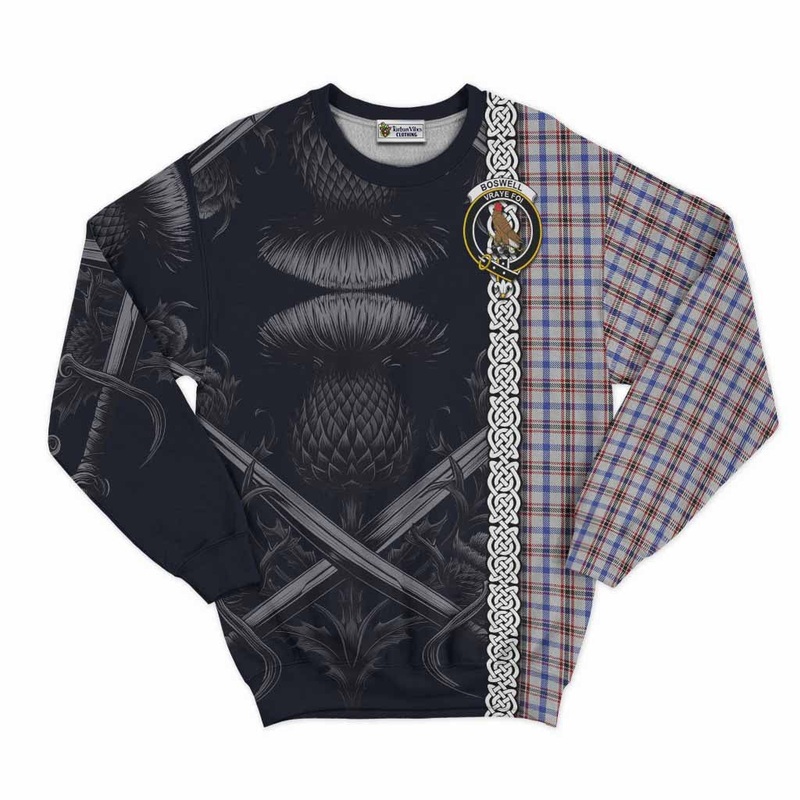 Boswell Tartan Sweatshirt with Family Crest Cross Sword Thistle Celtic Vibes