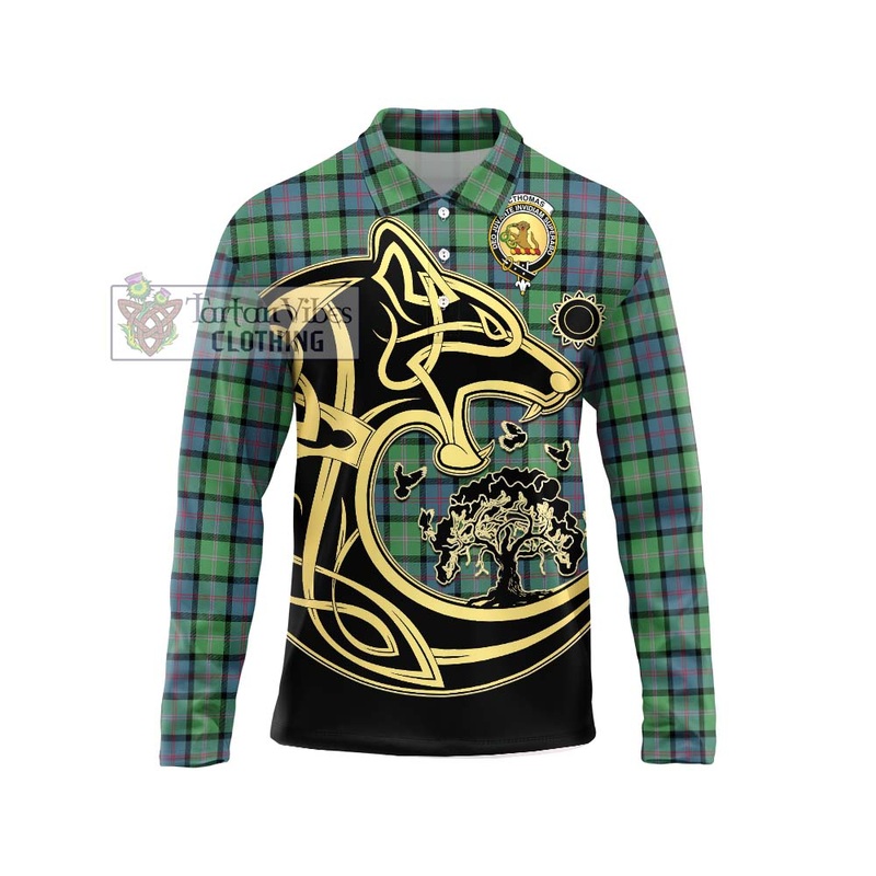 McThomas Ancient Tartan Long Sleeve Polo Shirt with Family Crest Celtic Wolf Style
