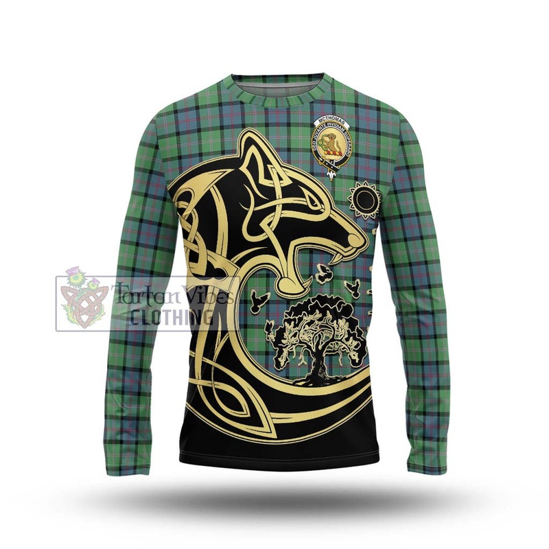 McThomas Ancient Tartan Long Sleeve T-Shirt with Family Crest Celtic Wolf Style