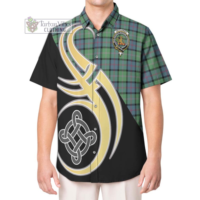 McThomas Ancient Tartan Short Sleeve Button Shirt with Family Crest and Celtic Symbol Style