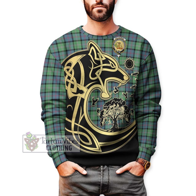McThomas Ancient Tartan Sweatshirt with Family Crest Celtic Wolf Style