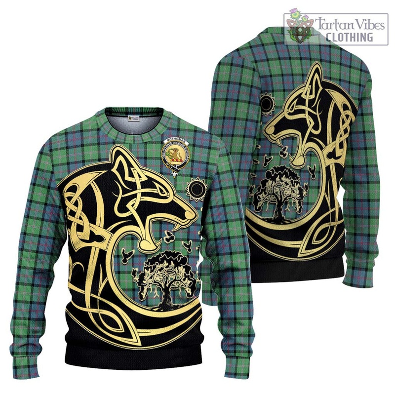 McThomas Ancient Tartan Ugly Sweater with Family Crest Celtic Wolf Style