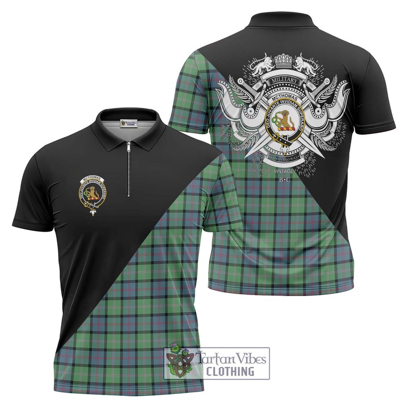 McThomas Ancient Tartan Zipper Polo Shirt with Family Crest and Military Logo Style