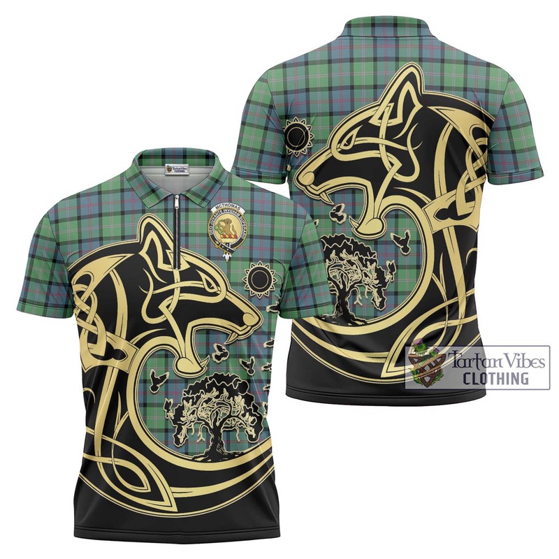 McThomas Ancient Tartan Zipper Polo Shirt with Family Crest Celtic Wolf Style