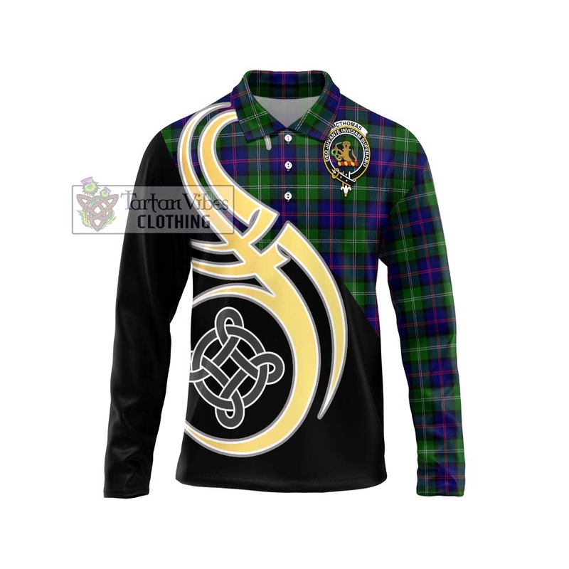 McThomas Modern Tartan Long Sleeve Polo Shirt with Family Crest and Celtic Symbol Style