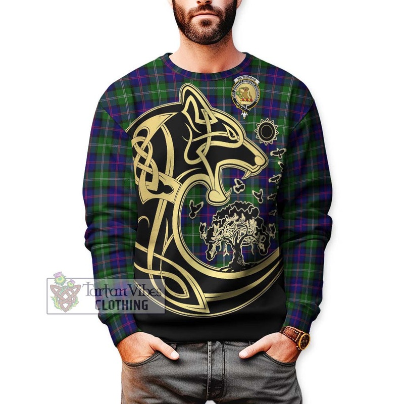 McThomas Modern Tartan Sweatshirt with Family Crest Celtic Wolf Style