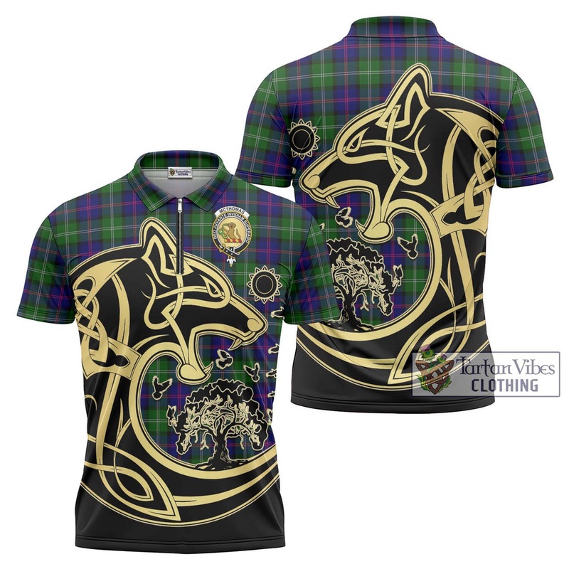 McThomas Modern Tartan Zipper Polo Shirt with Family Crest Celtic Wolf Style
