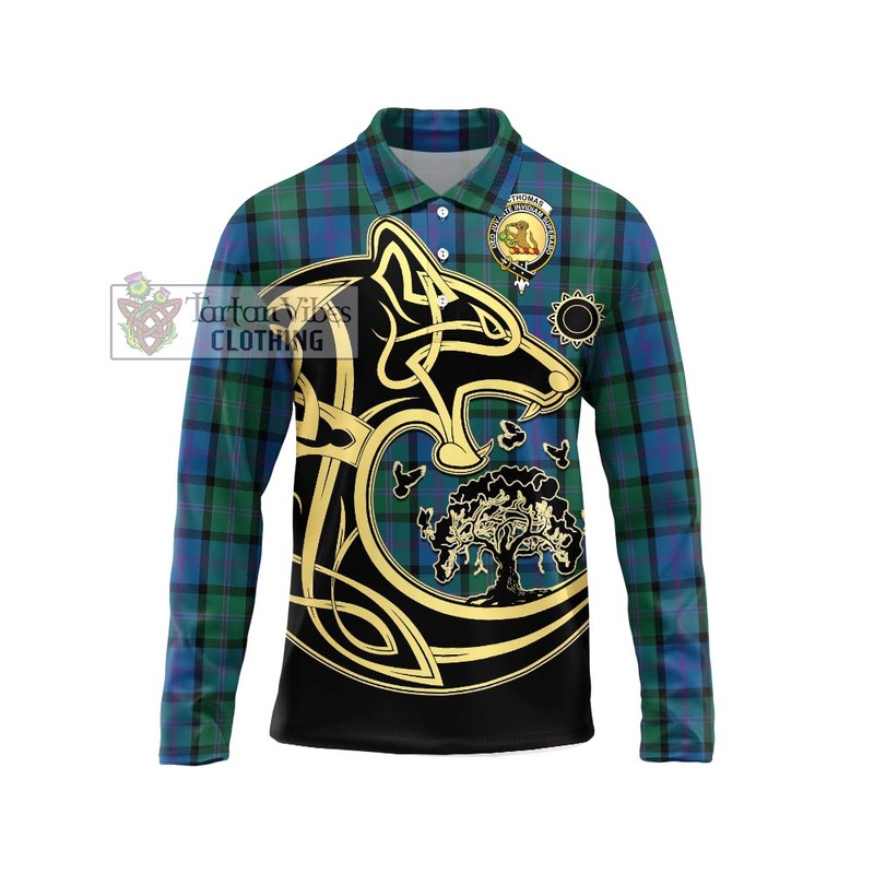McThomas Tartan Long Sleeve Polo Shirt with Family Crest Celtic Wolf Style
