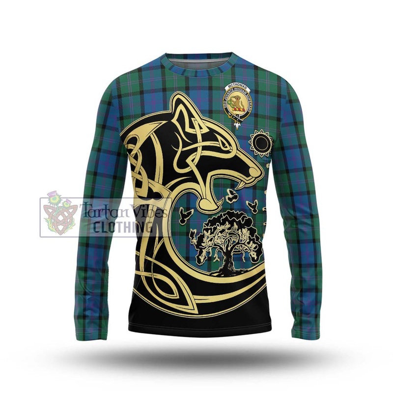 McThomas Tartan Long Sleeve T-Shirt with Family Crest Celtic Wolf Style