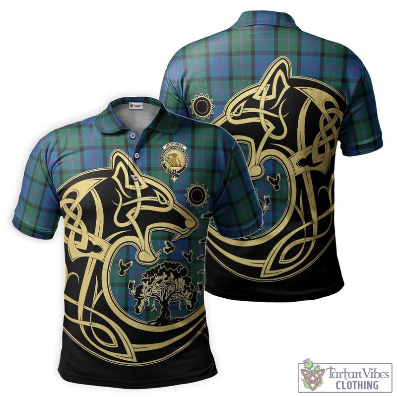McThomas Tartan Polo Shirt with Family Crest Celtic Wolf Style