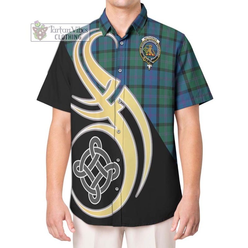 McThomas Tartan Short Sleeve Button Shirt with Family Crest and Celtic Symbol Style