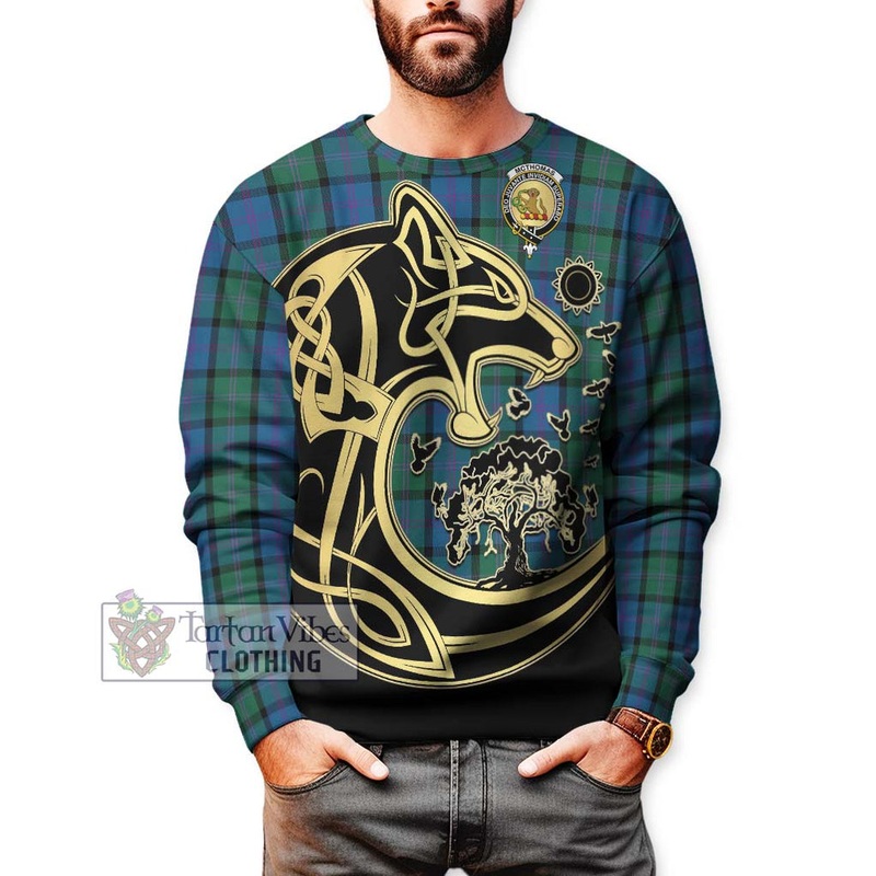 McThomas Tartan Sweatshirt with Family Crest Celtic Wolf Style