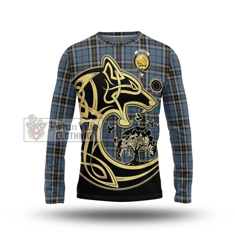 McTavish Dress Tartan Long Sleeve T-Shirt with Family Crest Celtic Wolf Style