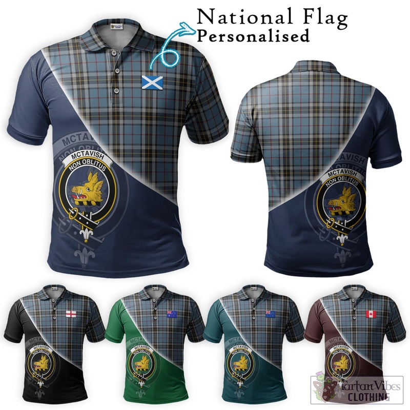 McTavish Dress Tartan Polo Shirt with Personalised National Flag and Family Crest Half Style
