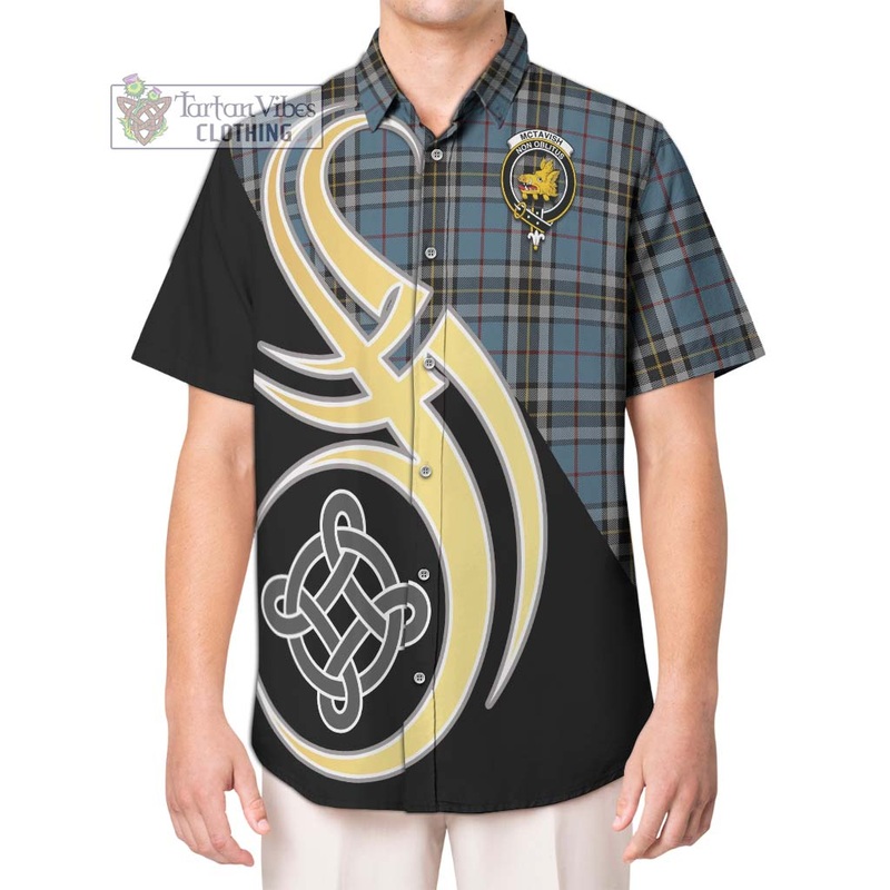 McTavish Dress Tartan Short Sleeve Button Shirt with Family Crest and Celtic Symbol Style