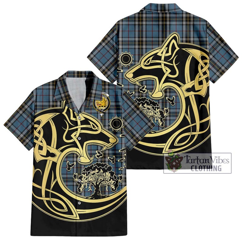 McTavish Dress Tartan Short Sleeve Button Shirt with Family Crest Celtic Wolf Style