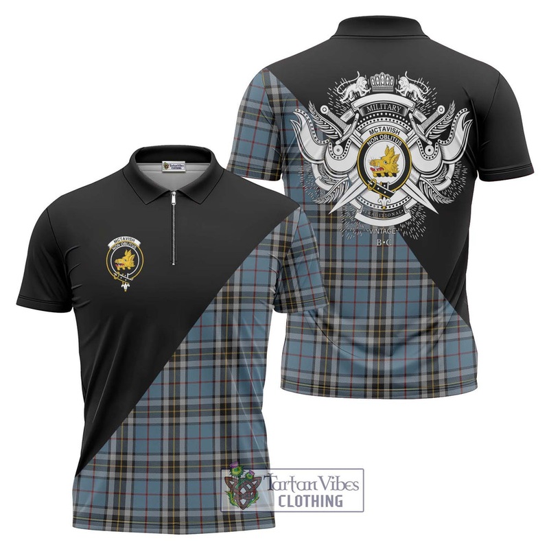 McTavish Dress Tartan Zipper Polo Shirt with Family Crest and Military Logo Style