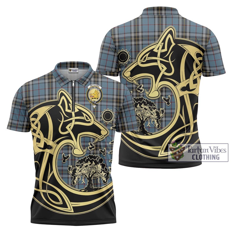 McTavish Dress Tartan Zipper Polo Shirt with Family Crest Celtic Wolf Style