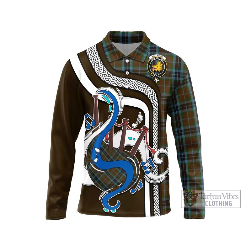 McTavish Hunting Tartan Long Sleeve Polo Shirt with Epic Bagpipe Style