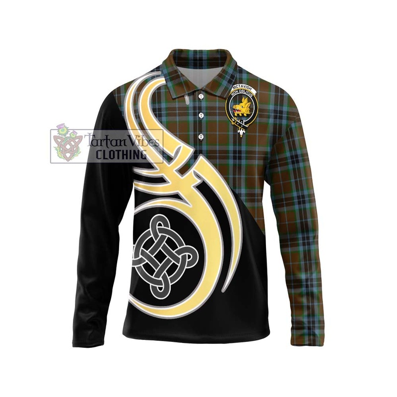 McTavish Hunting Tartan Long Sleeve Polo Shirt with Family Crest and Celtic Symbol Style