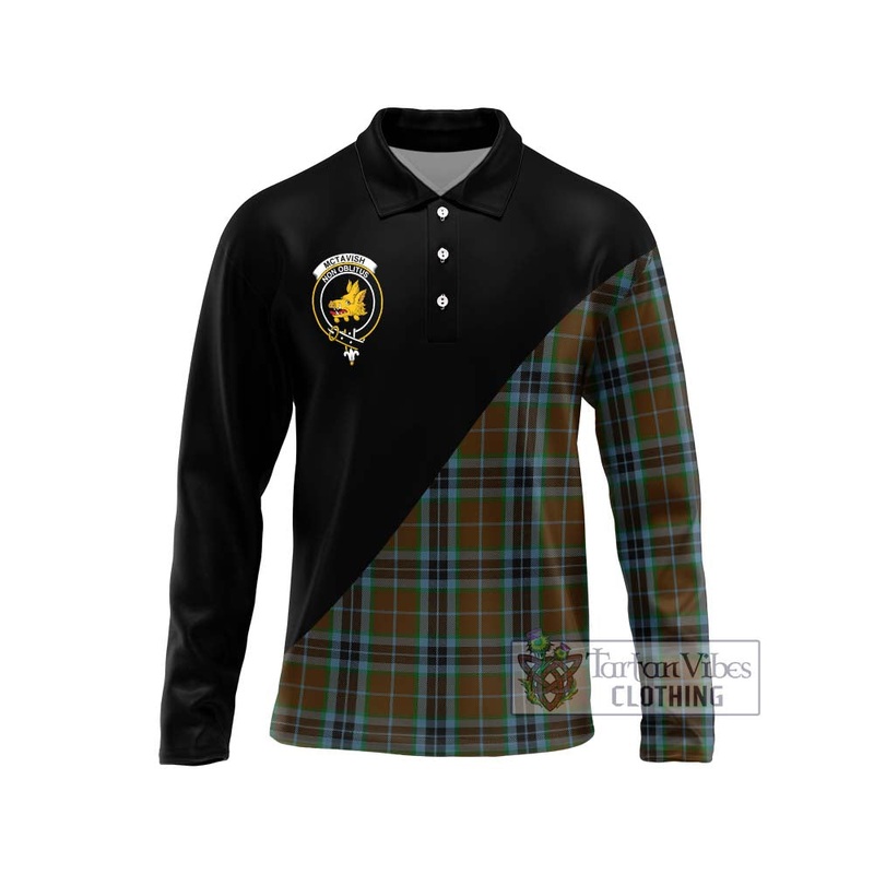McTavish Hunting Tartan Long Sleeve Polo Shirt with Family Crest and Military Logo Style