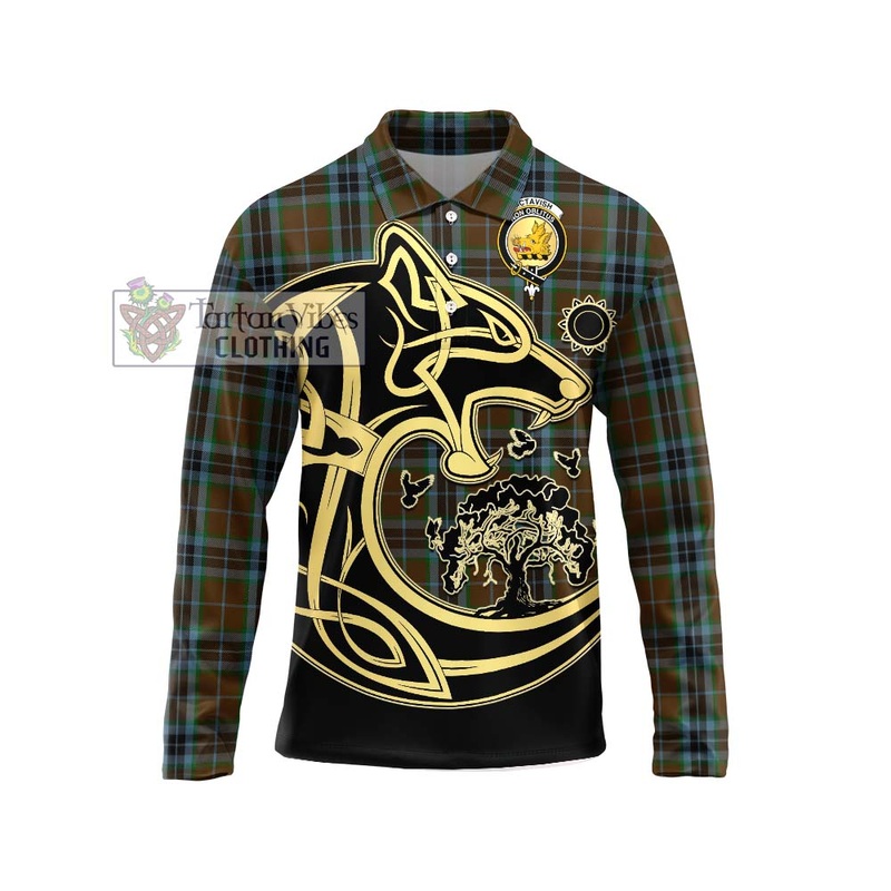 McTavish Hunting Tartan Long Sleeve Polo Shirt with Family Crest Celtic Wolf Style