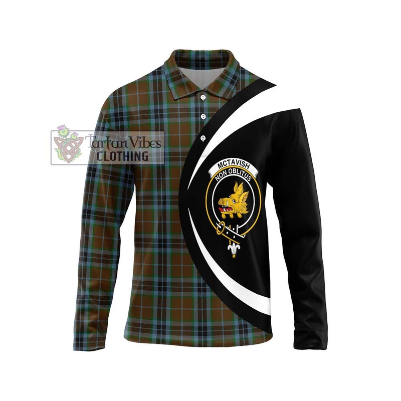 McTavish Hunting Tartan Long Sleeve Polo Shirt with Family Crest Circle Style