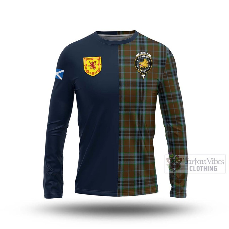 McTavish Hunting Tartan Long Sleeve T-Shirt Alba with Scottish Lion Royal Arm Half Style