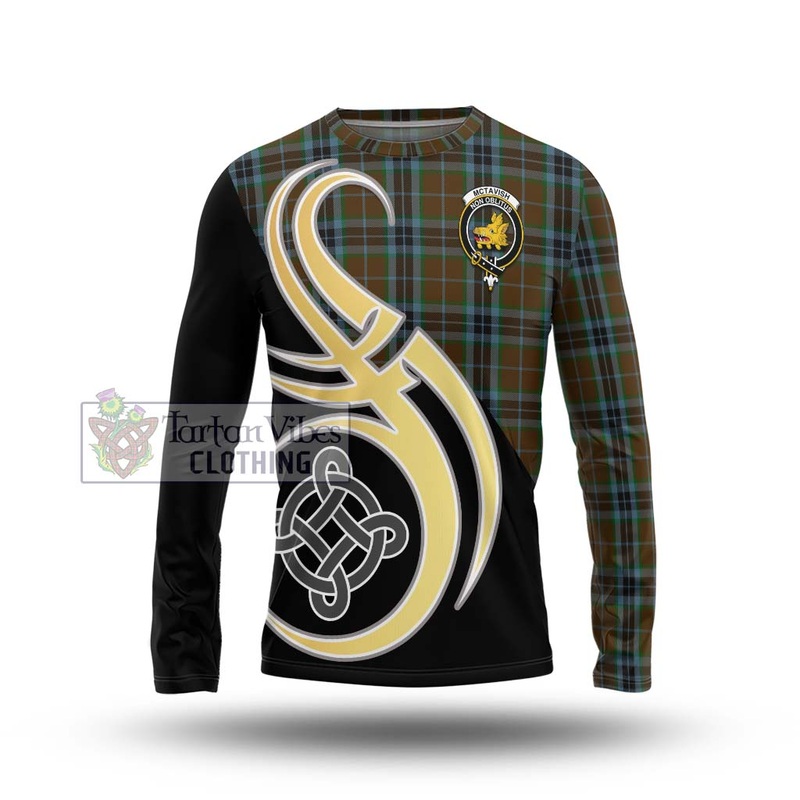 McTavish Hunting Tartan Long Sleeve T-Shirt with Family Crest and Celtic Symbol Style