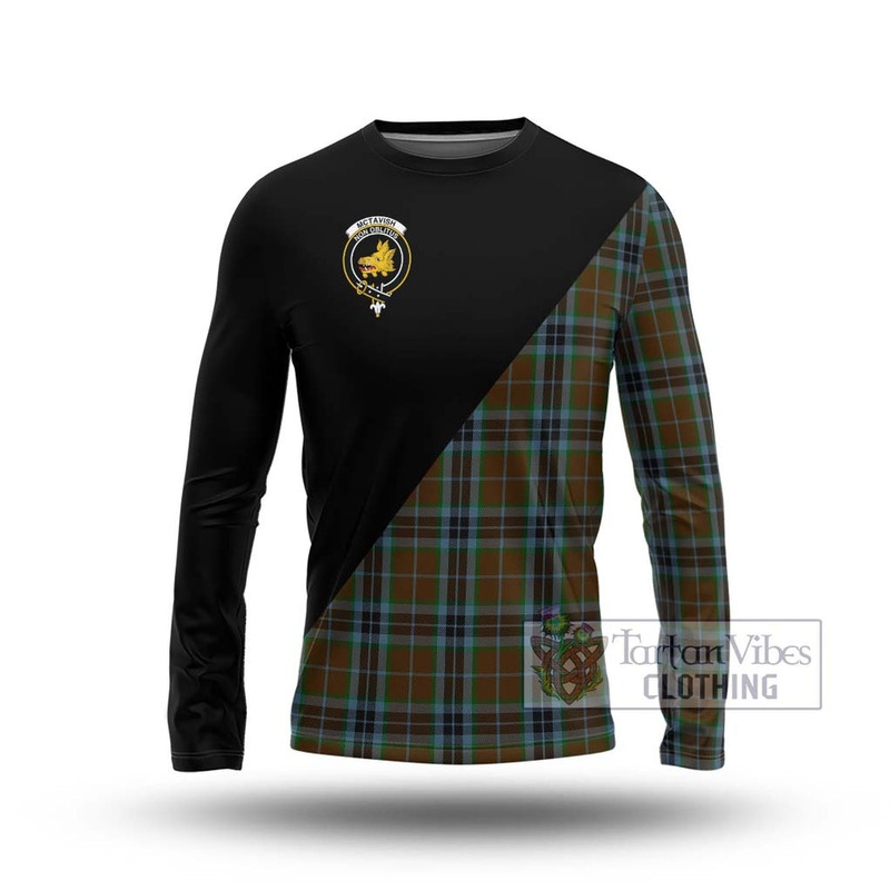 McTavish Hunting Tartan Long Sleeve T-Shirt with Family Crest and Military Logo Style