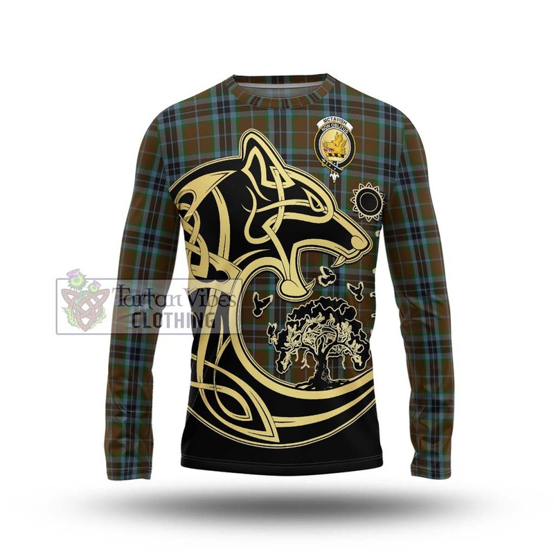 McTavish Hunting Tartan Long Sleeve T-Shirt with Family Crest Celtic Wolf Style