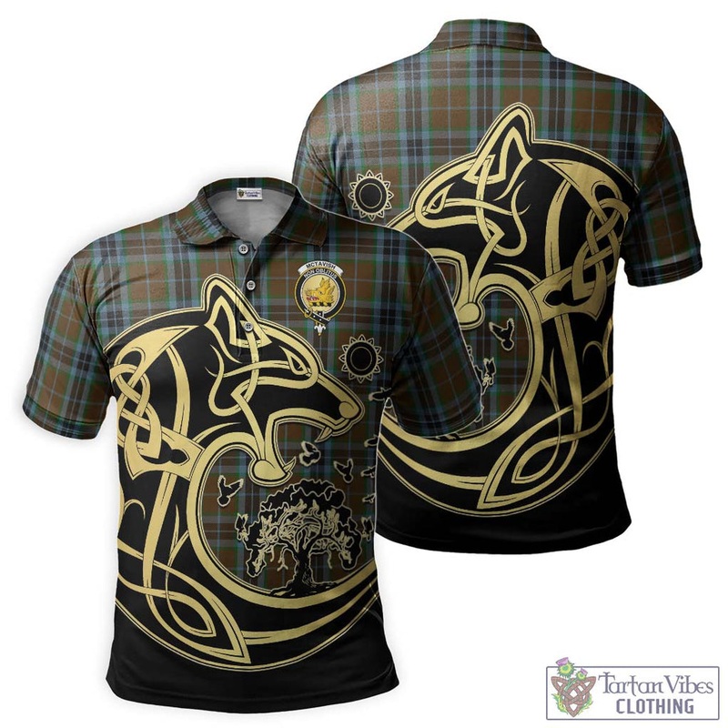 McTavish Hunting Tartan Polo Shirt with Family Crest Celtic Wolf Style