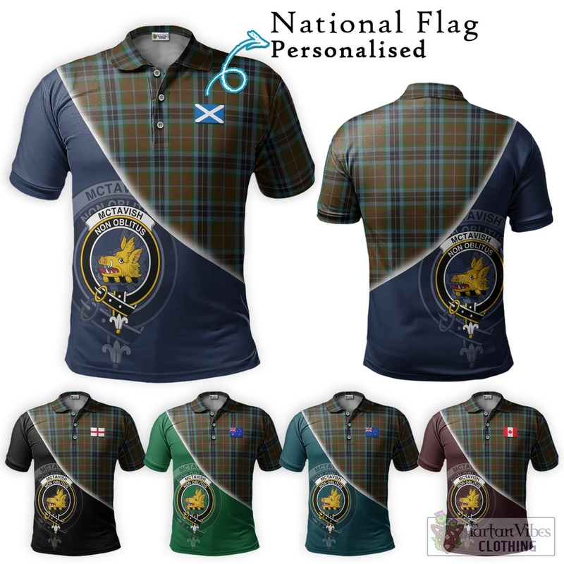 McTavish Hunting Tartan Polo Shirt with Personalised National Flag and Family Crest Half Style