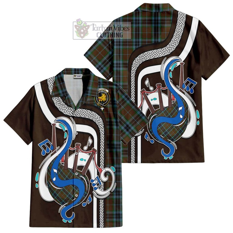 McTavish Hunting Tartan Short Sleeve Button Shirt with Epic Bagpipe Style