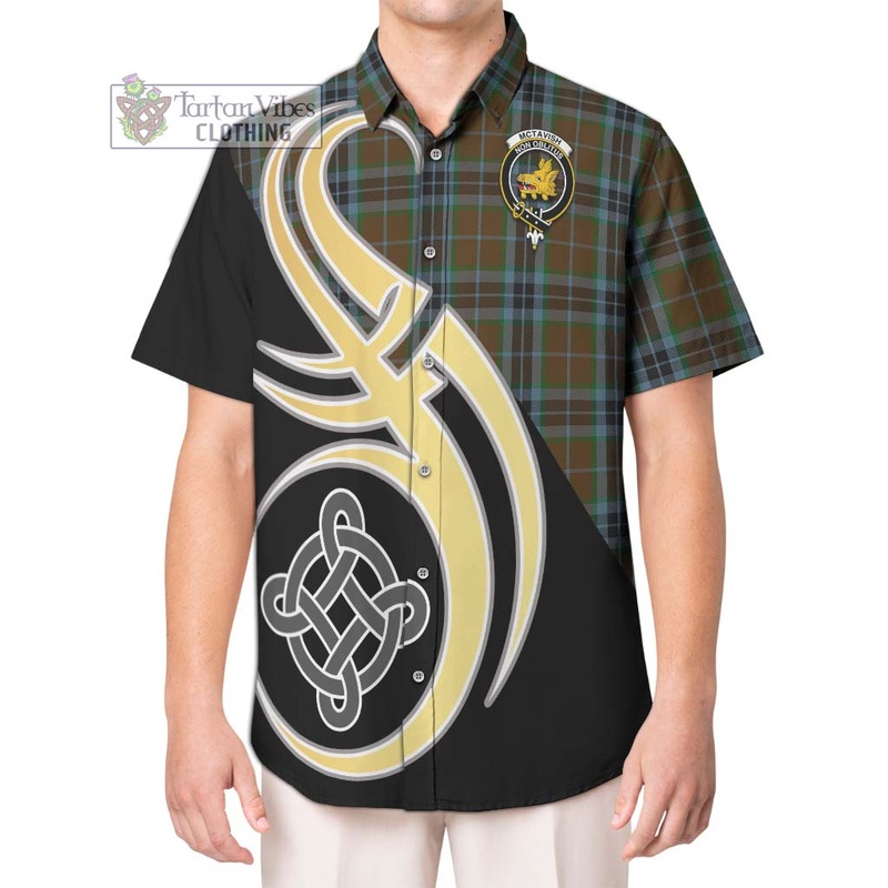 McTavish Hunting Tartan Short Sleeve Button Shirt with Family Crest and Celtic Symbol Style