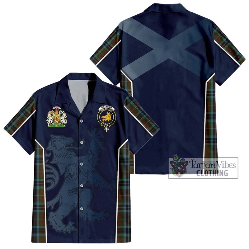 McTavish Hunting Tartan Short Sleeve Button Shirt with Family Crest and Lion Rampant Vibes Sport Style