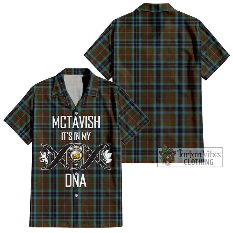 McTavish Hunting Tartan Short Sleeve Button Shirt with Family Crest DNA In Me Style