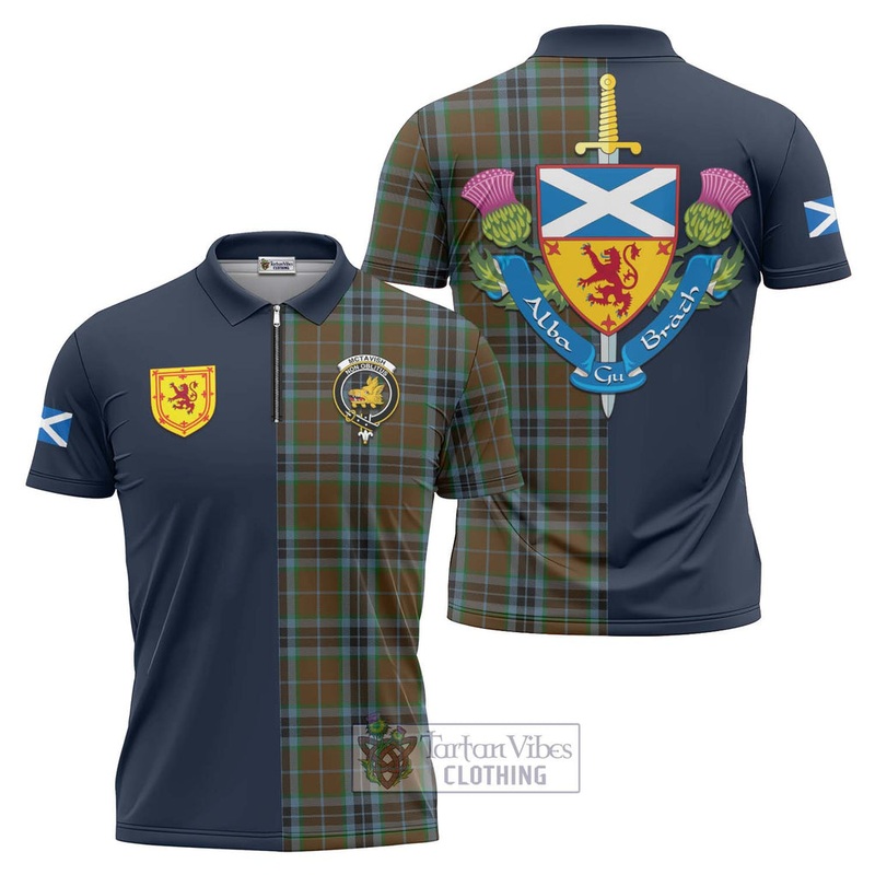 McTavish Hunting Tartan Zipper Polo Shirt Alba with Scottish Lion Royal Arm Half Style