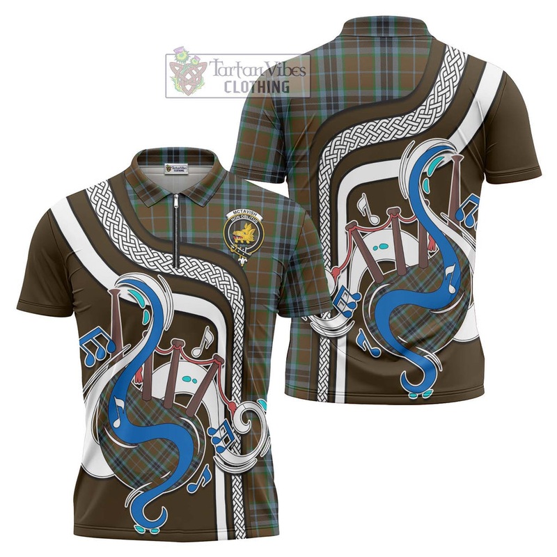 McTavish Hunting Tartan Zipper Polo Shirt with Epic Bagpipe Style