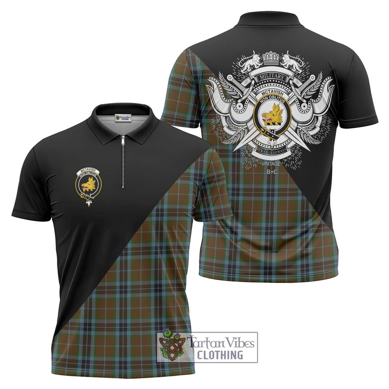 McTavish Hunting Tartan Zipper Polo Shirt with Family Crest and Military Logo Style