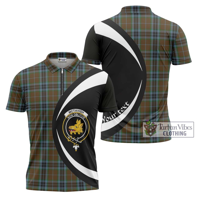 McTavish Hunting Tartan Zipper Polo Shirt with Family Crest Circle Style