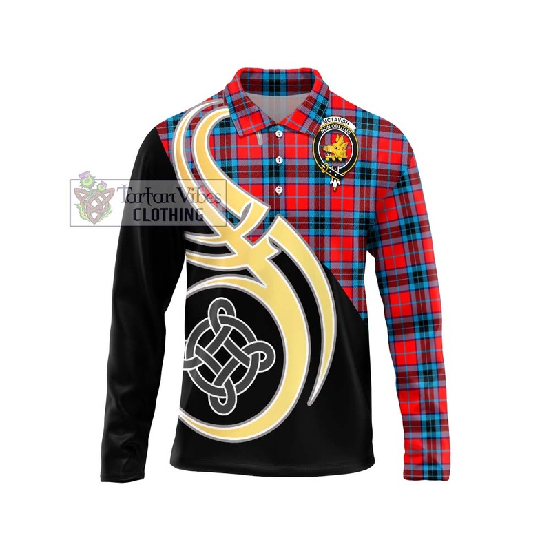 McTavish Modern Tartan Long Sleeve Polo Shirt with Family Crest and Celtic Symbol Style