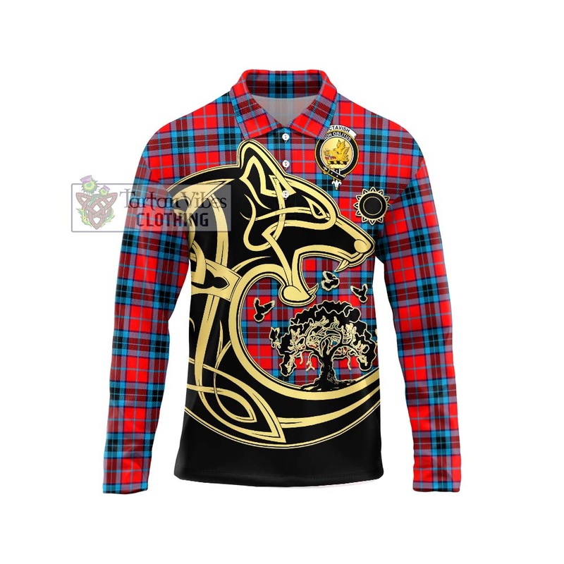 McTavish Modern Tartan Long Sleeve Polo Shirt with Family Crest Celtic Wolf Style