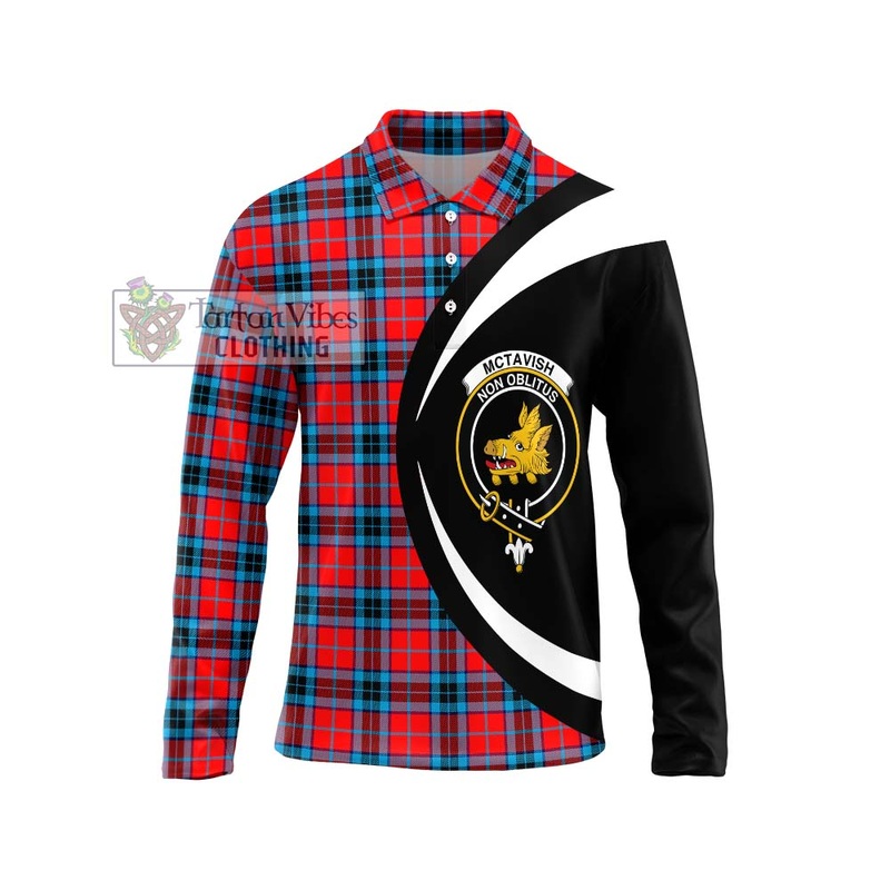 McTavish Modern Tartan Long Sleeve Polo Shirt with Family Crest Circle Style